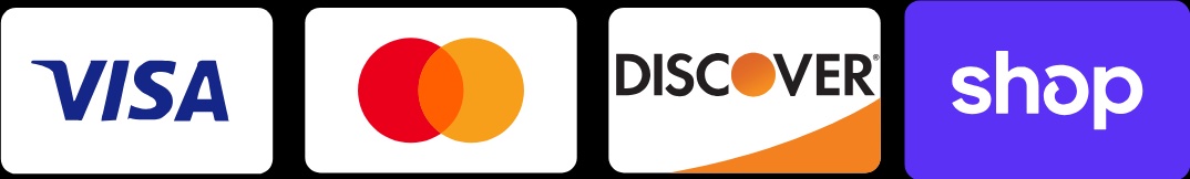 Logos: Visa, Mastercard, Discover, Shop on white and purple backgrounds.