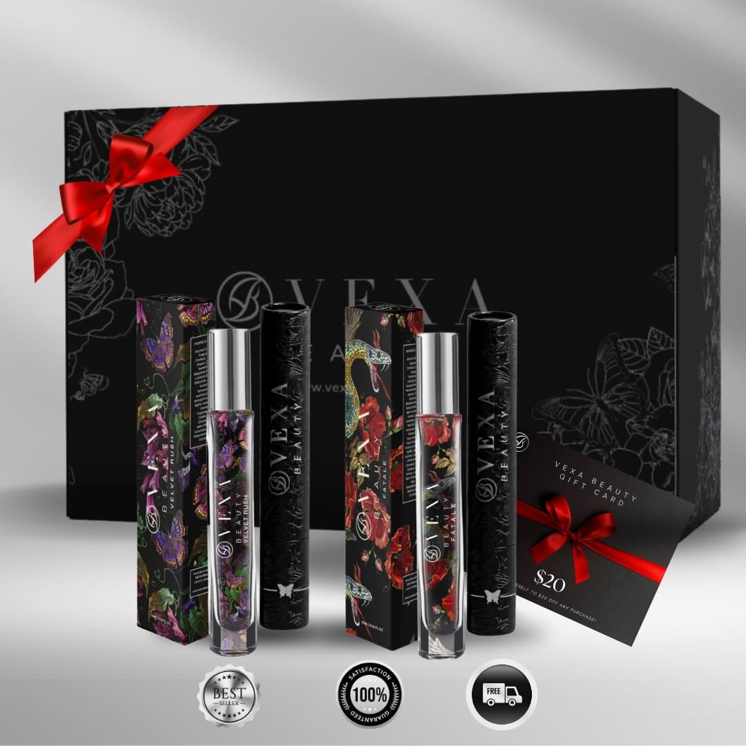 Black Vexa branded gift set with perfume bottles and a red ribbon.