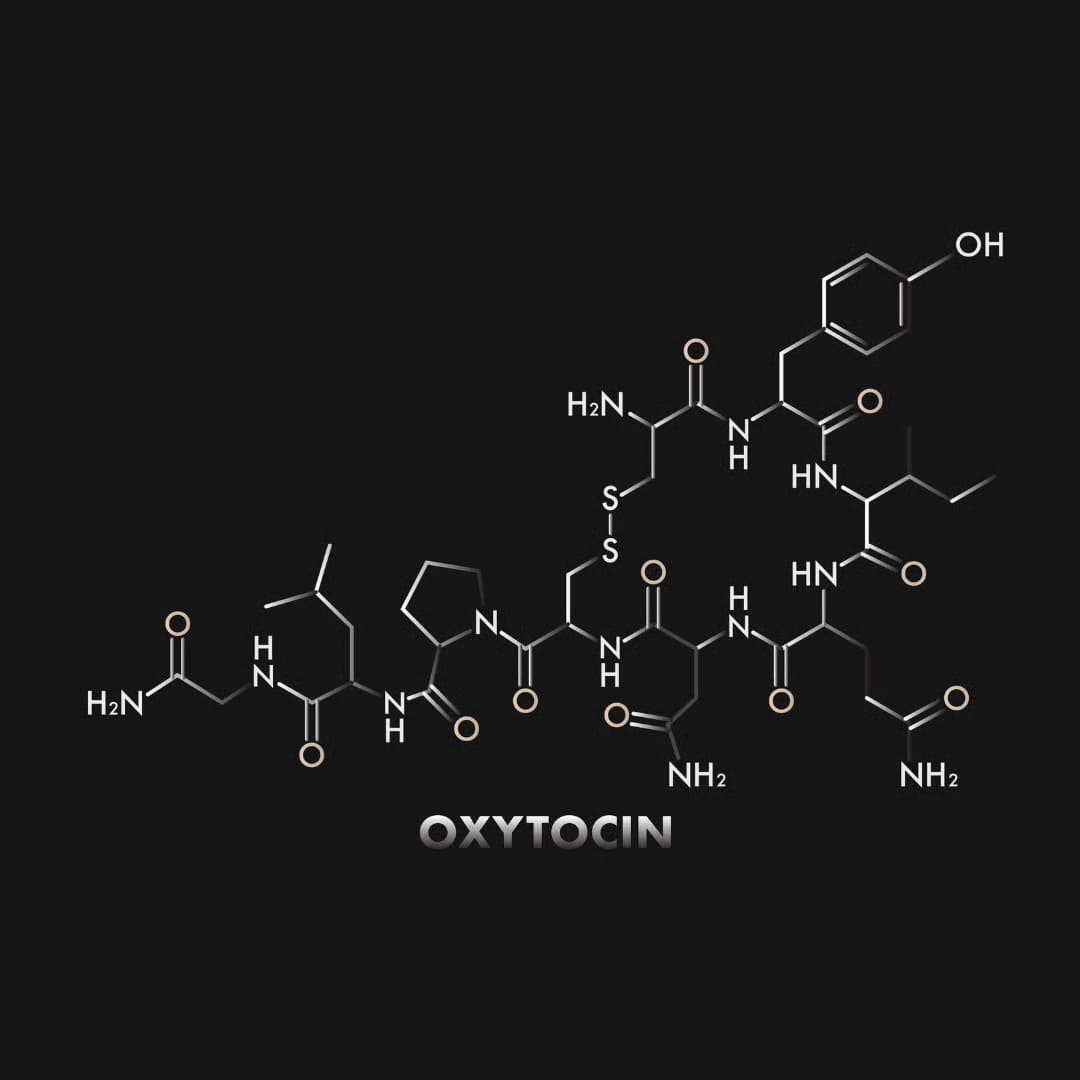 Chemical structure diagram labeled 'Oxytocin' on a black background.