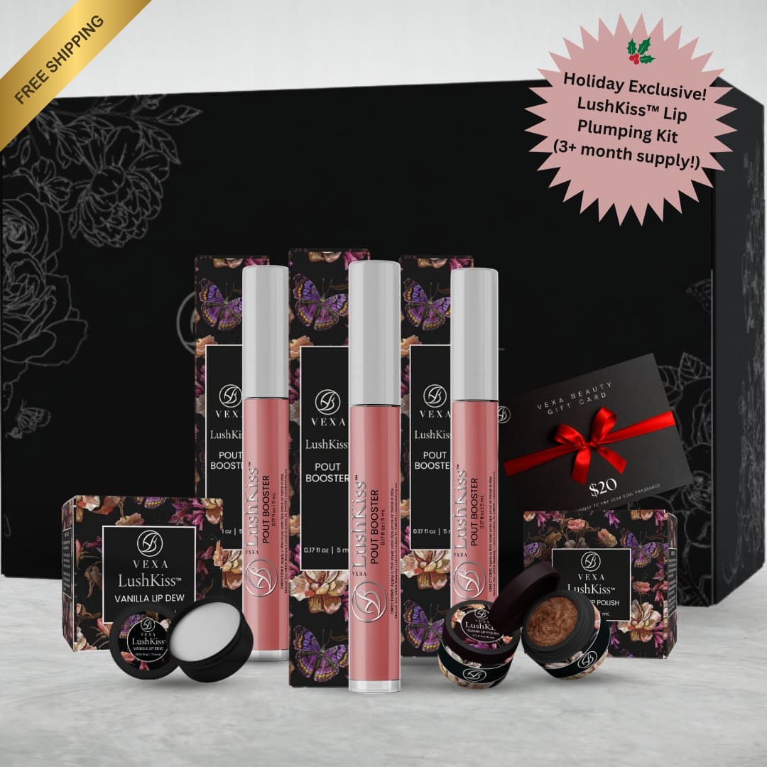 Cosmetic lip products with floral and butterfly packaging, gift card, and holiday promotion sticker.