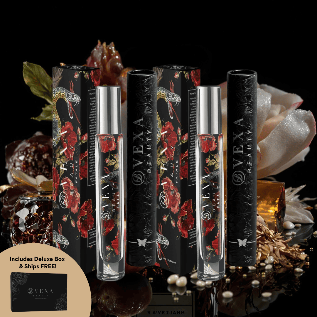 Collection of floral perfume bottles and boxes with decorative elements.