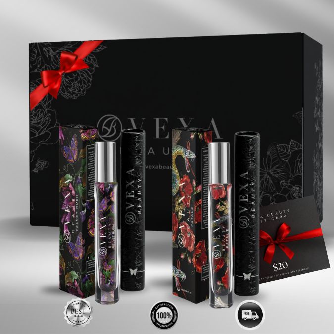 Perfume bottles and boxes with floral designs, black packaging with red ribbon.