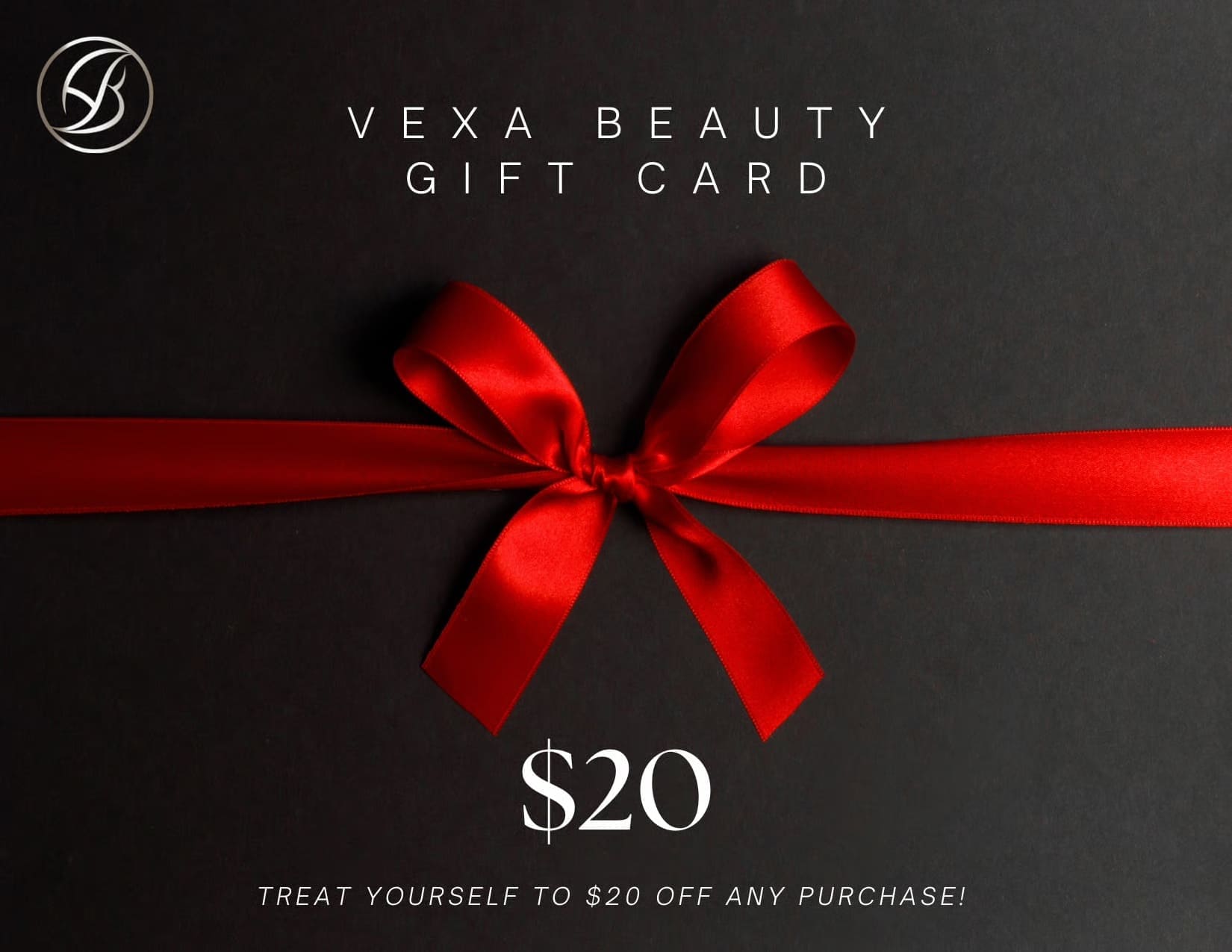 Gift card with red ribbon and text reading '$20'.