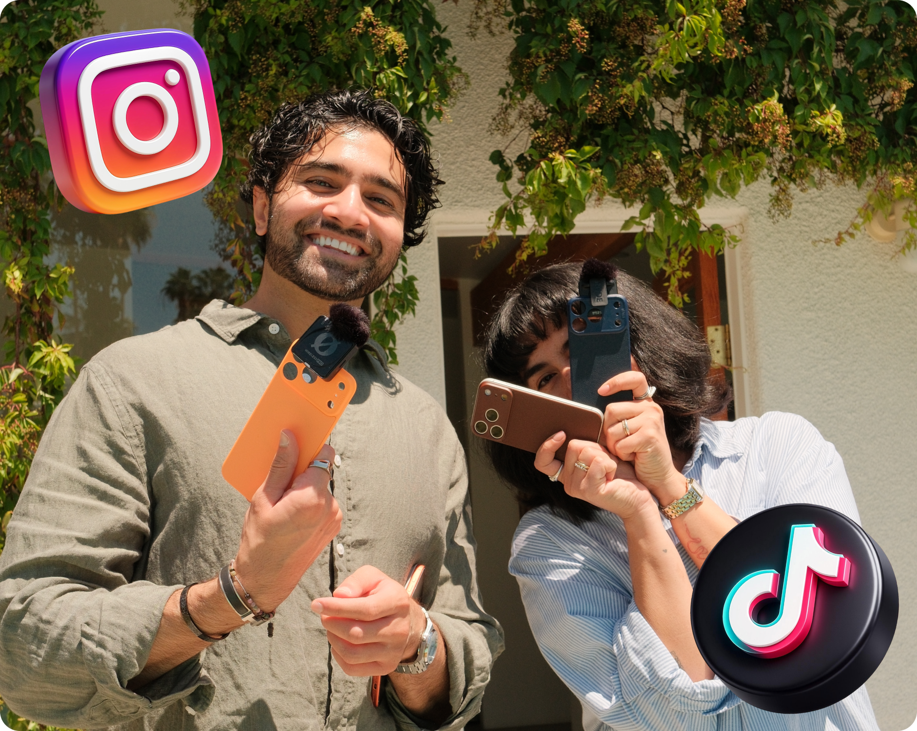 A smiling man and a woman hold up smartphones with attached microphones, with Instagram and TikTok logos nearby.