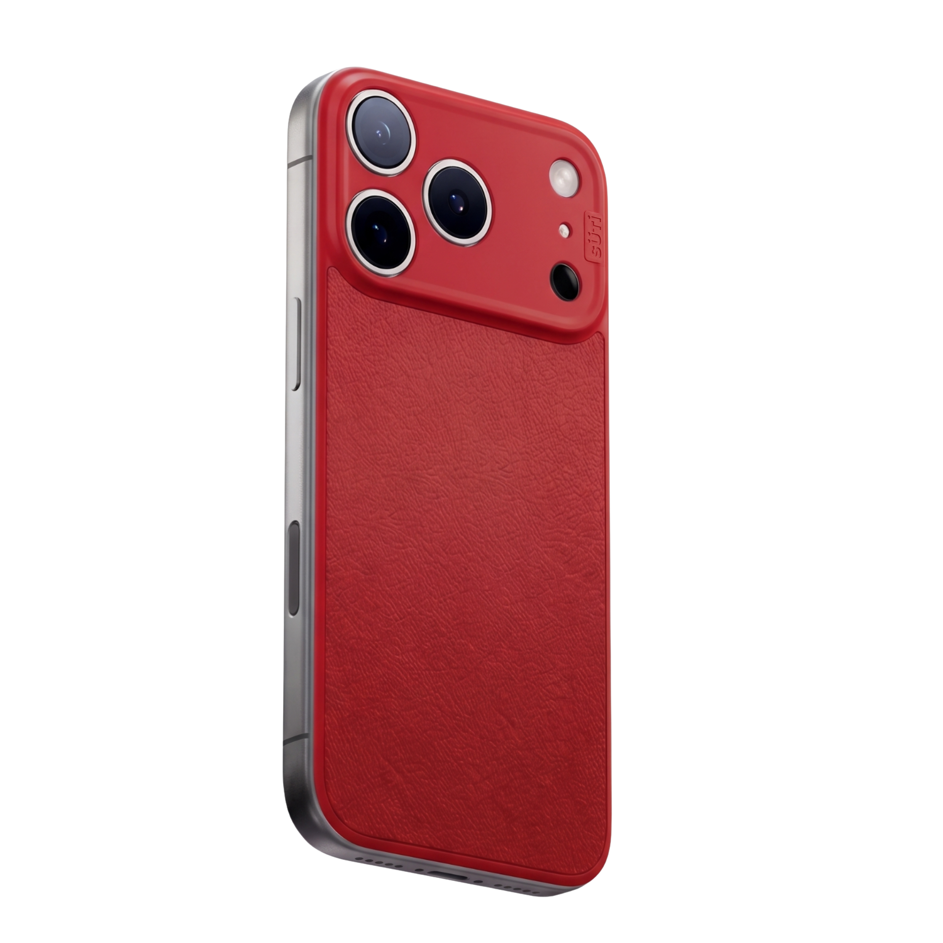 A silver smartphone in a red case with a leather-textured back, shown at an angle.