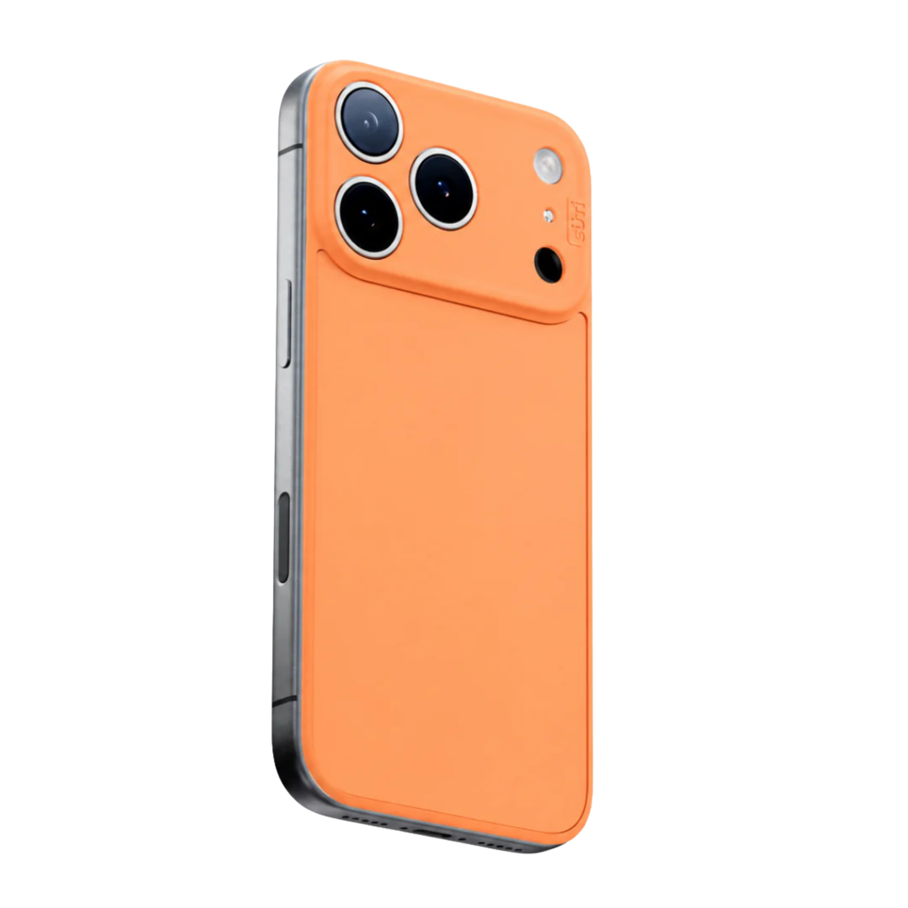 The back of a smartphone with a bright orange case and a triple-camera system.