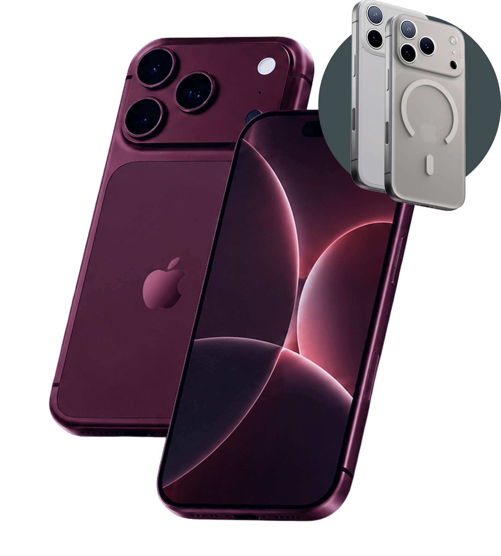Deep red and silver smartphones are shown from various angles, highlighting their screens and camera systems.