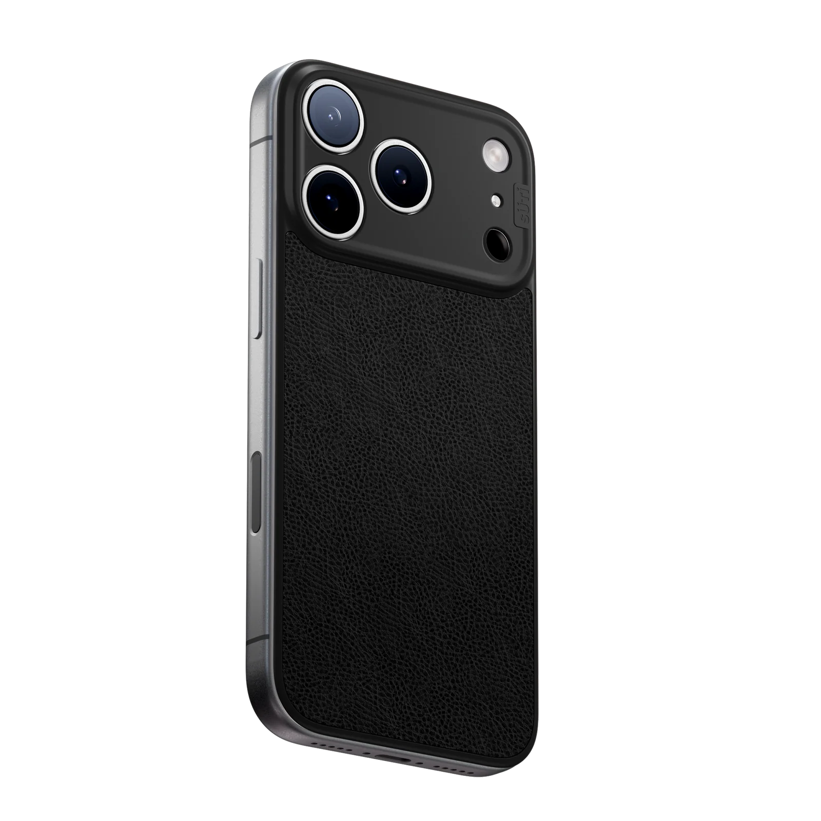 A smartphone in a silver and black textured case, showing the back with three camera lenses.