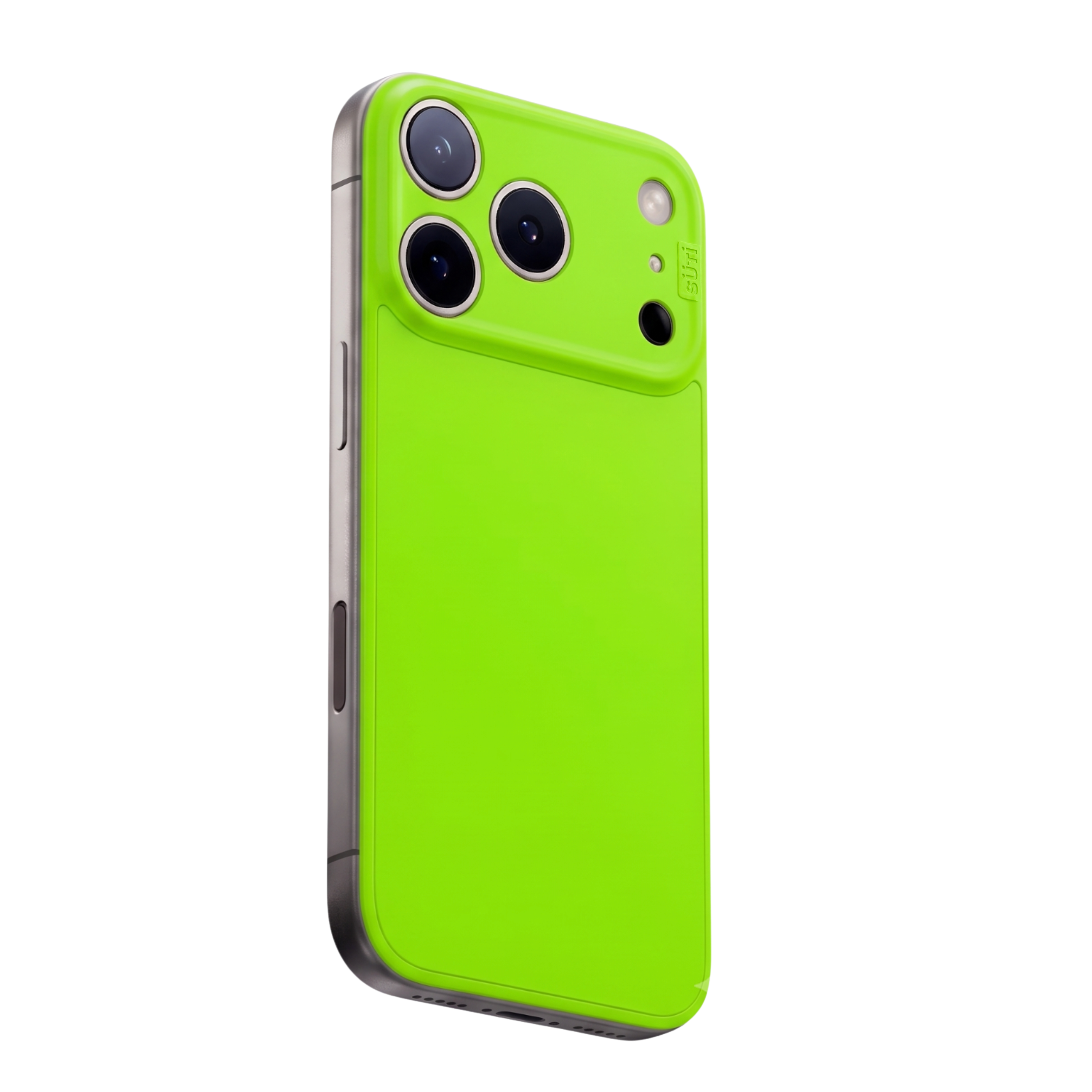 The back of a smartphone with a silver frame in a bright lime green protective case.
