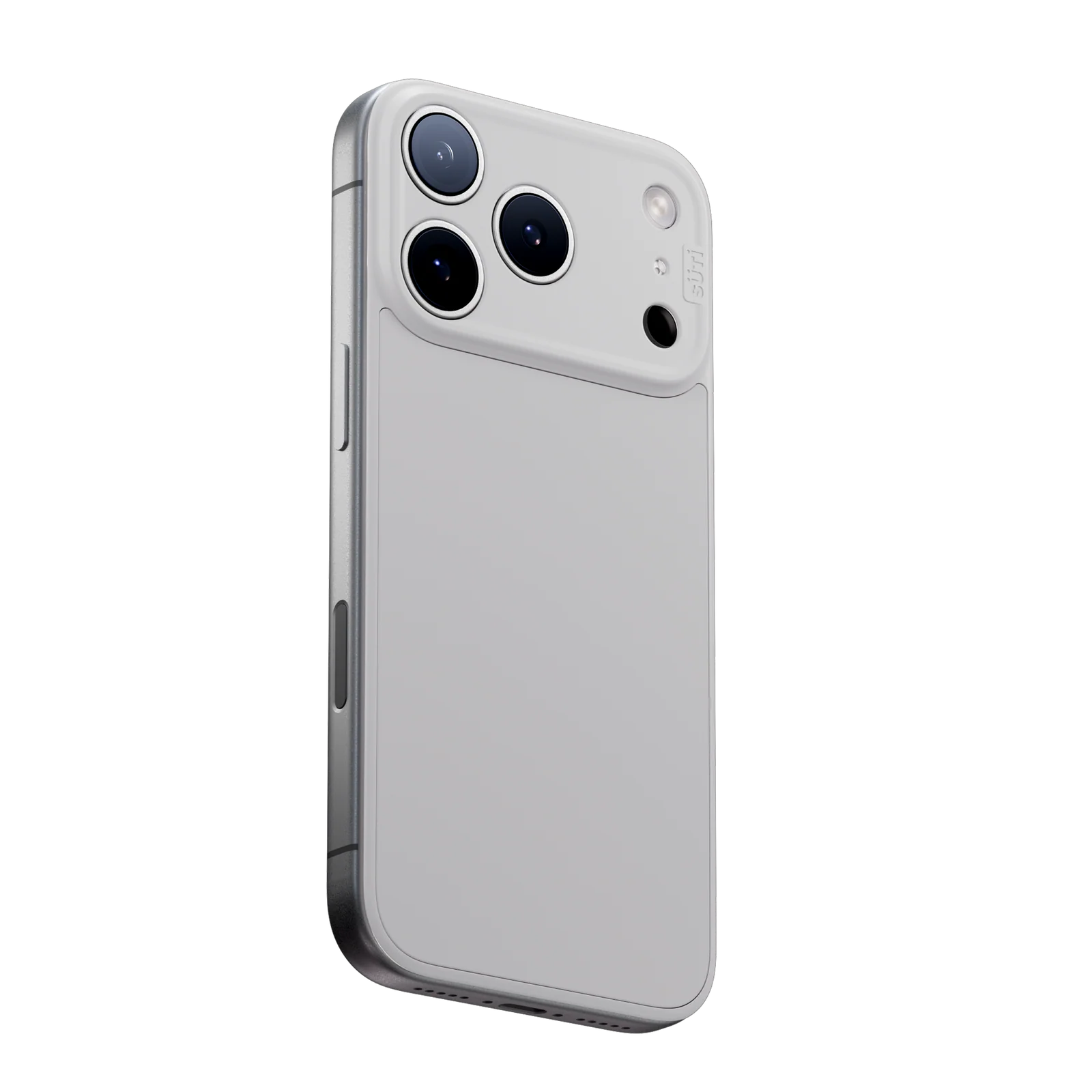 A three-quarter back view of a smartphone in a light gray protective case with a triple-camera cutout.