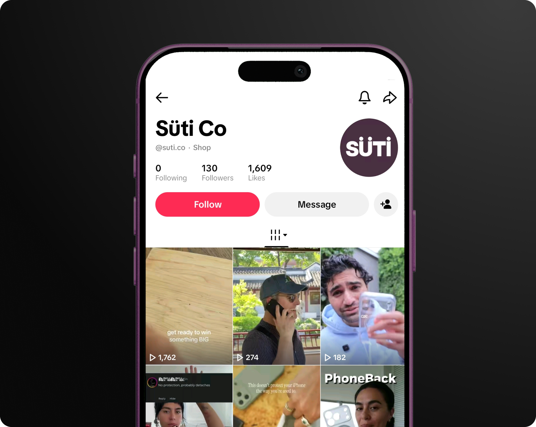 A smartphone displaying the Sūti Co social media profile page, showing their videos and follower count.