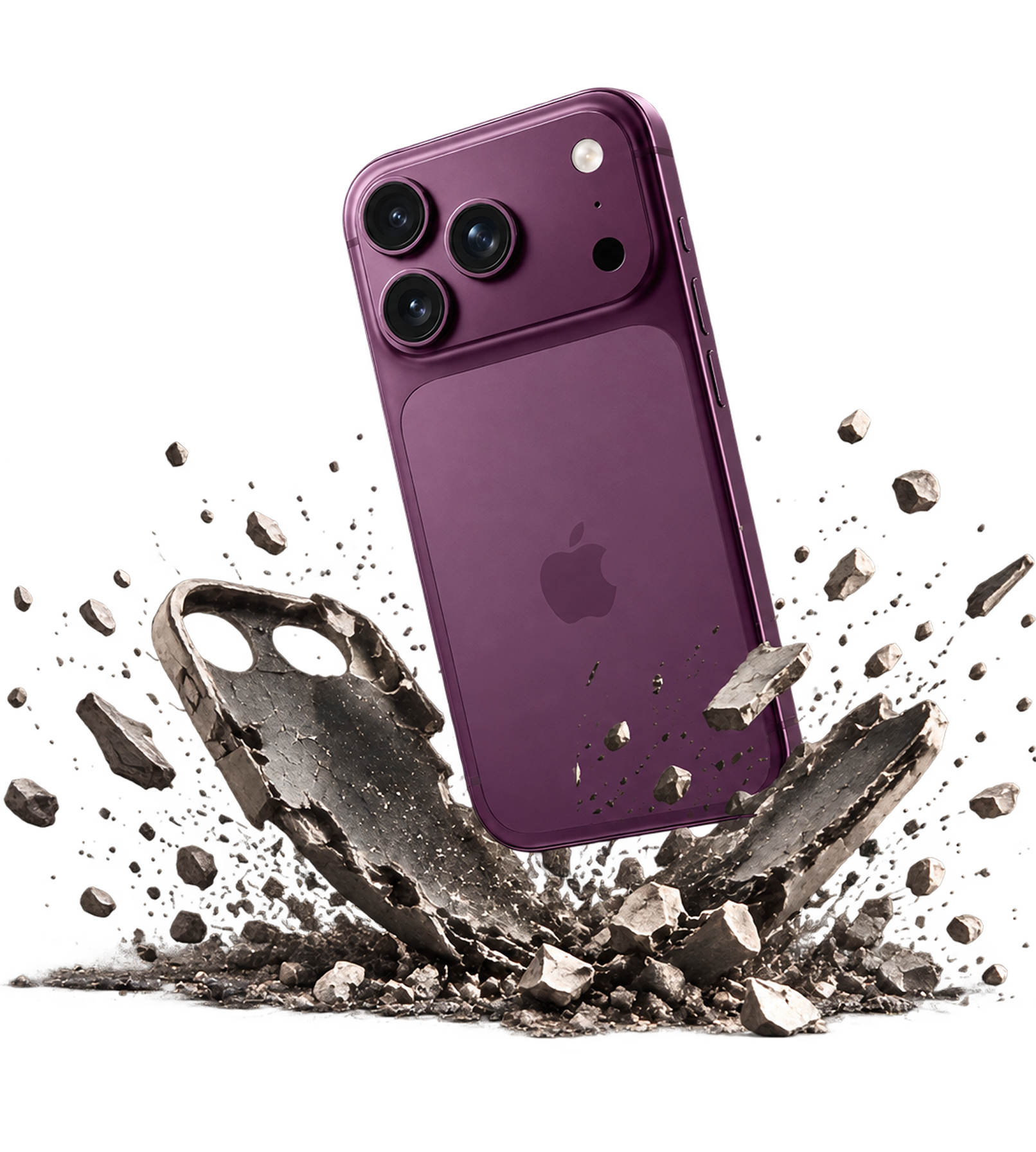 A purple smartphone is shown as a rocky, shattered phone case breaks apart around it.