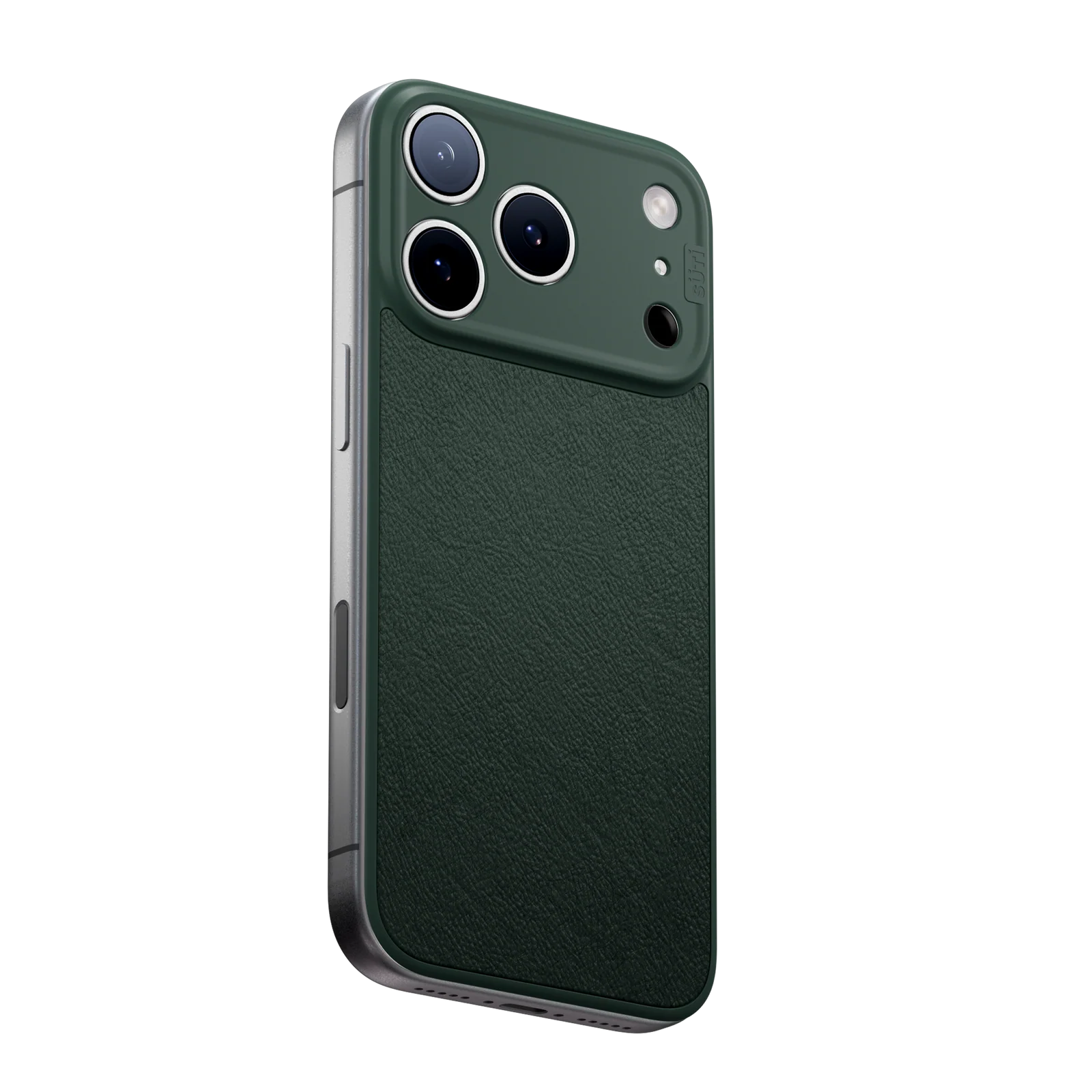 A smartphone in a dark green, textured case with a silver frame, angled to show the back and side.