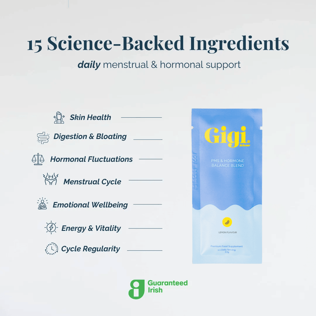 Product image for Gigi PMS & Hormone Balance Blend with benefits listed.