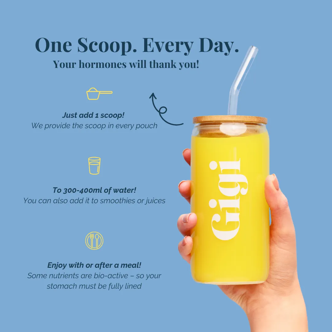Hand holding a yellow drink in a glass with a straw, text instructions around it.