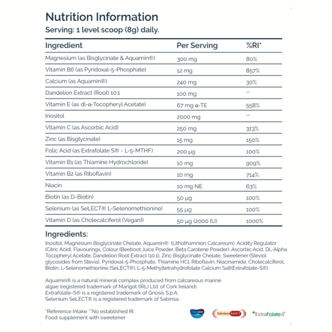 Nutrition information table with ingredients and daily values for a dietary supplement.