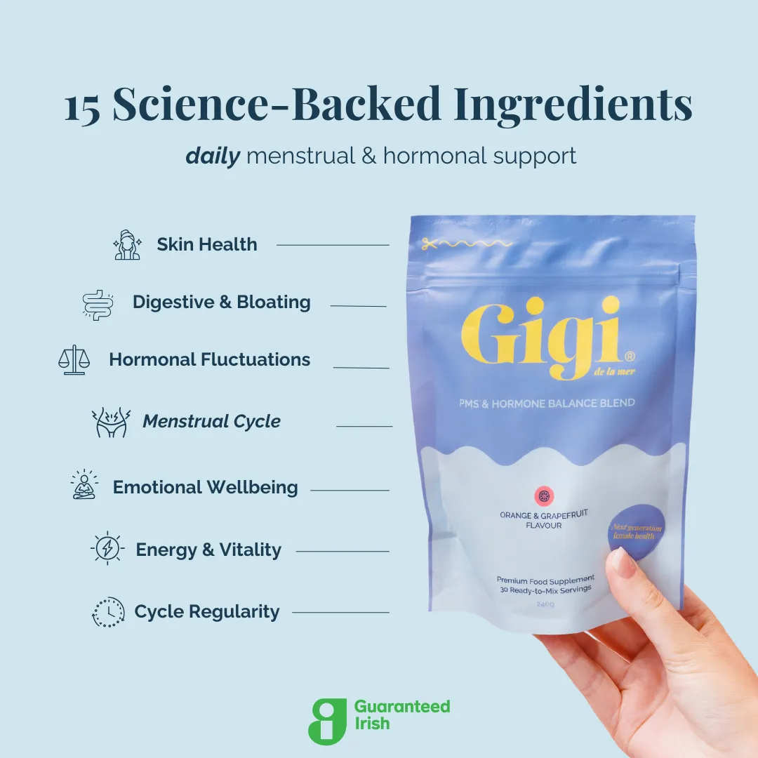 Hand holding Gigi supplement pouch for menstrual and hormonal support with benefits listed.