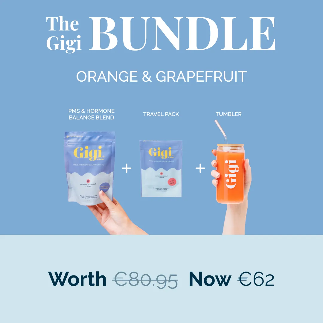 Promotional image of Gigi bundle with two packs and a tumbler.