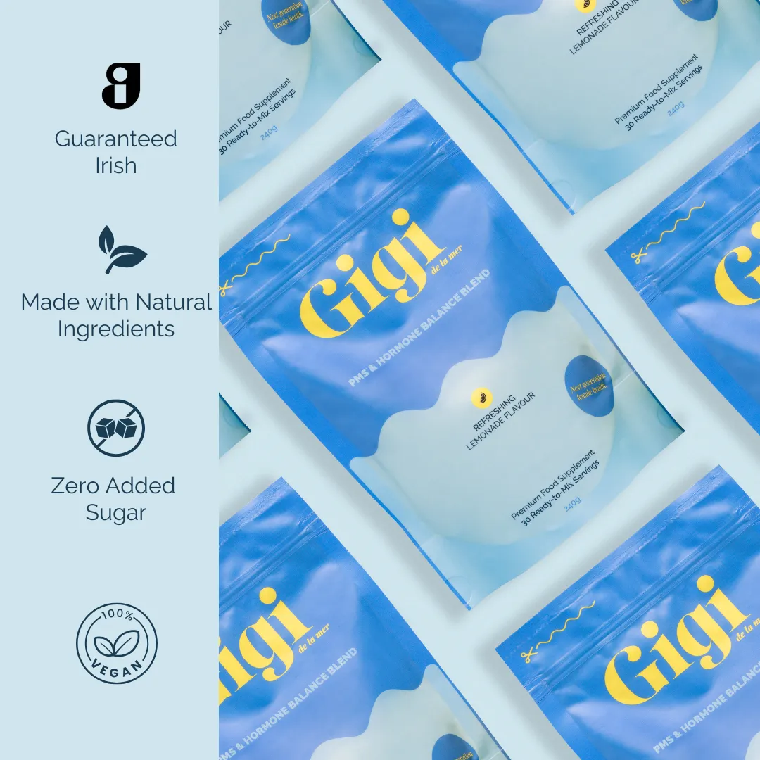 Blue and white packaging of Gigi PMS & Hormone Balance Blend.