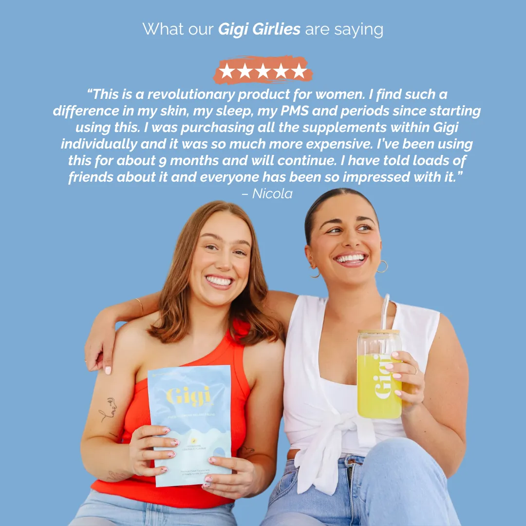 Two women smiling, holding a product package and a drink, with a testimonial above.
