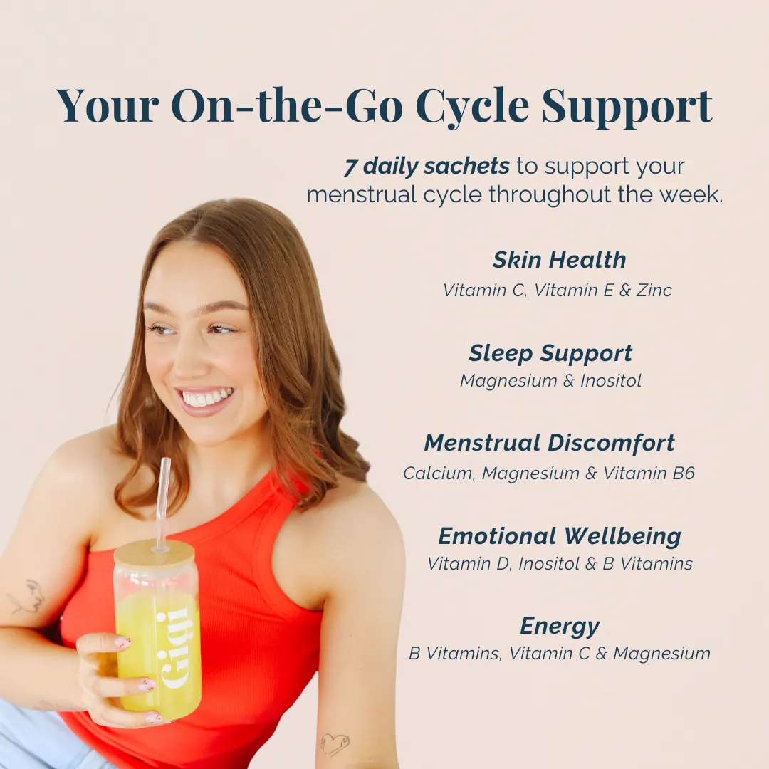 Woman holding a drink with text about menstrual cycle support benefits.