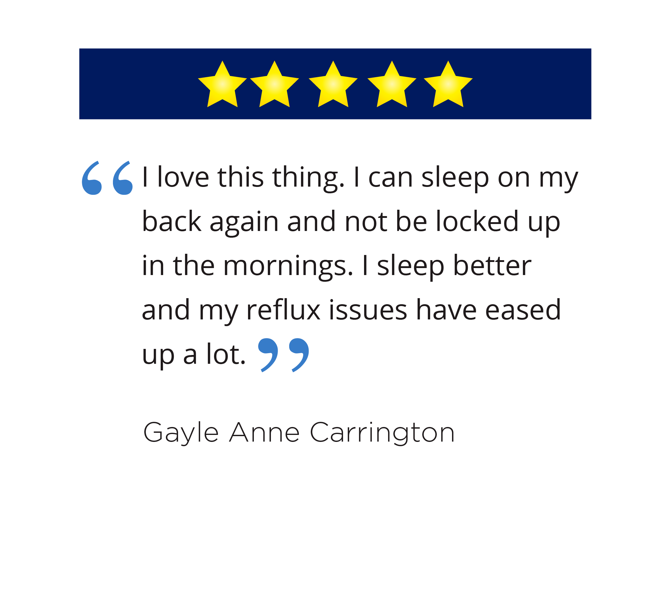 Five-star review with a testimonial about improved sleep and reflux relief by Gayle Anne Carrington.