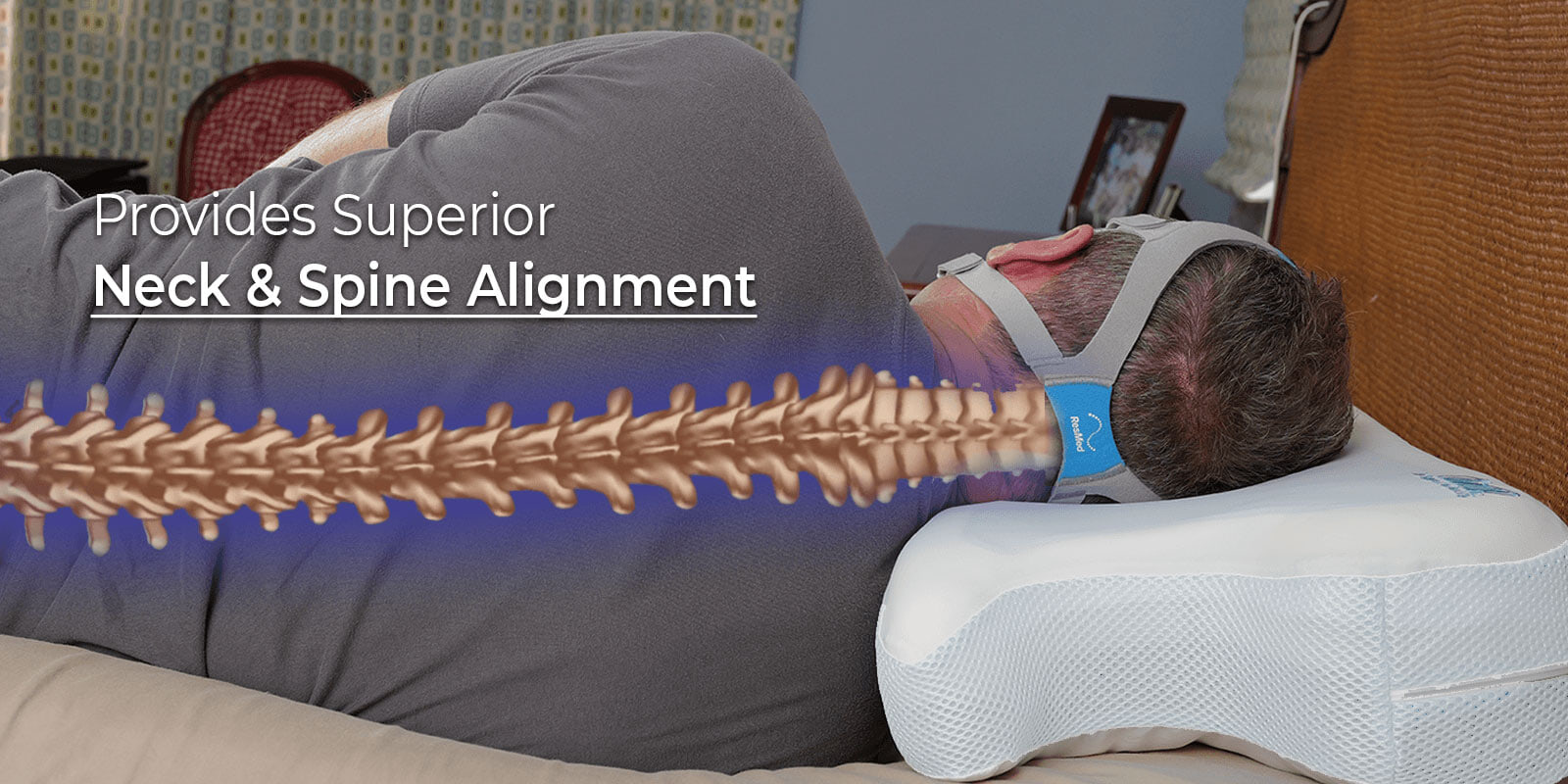 Person sleeping on a pillow with spine alignment illustration and text overlay.