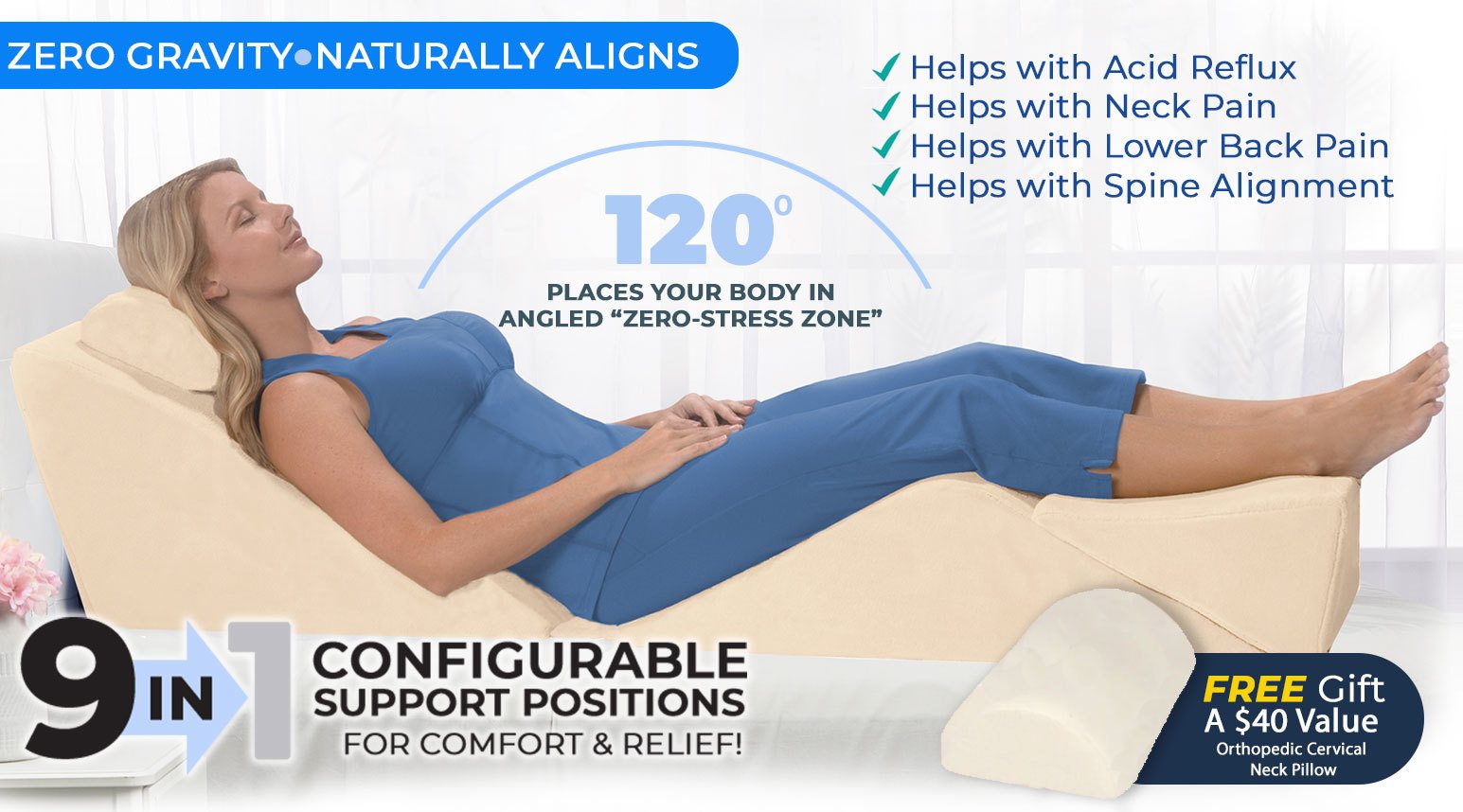 Woman reclining on a beige wedge pillow with text about support benefits.