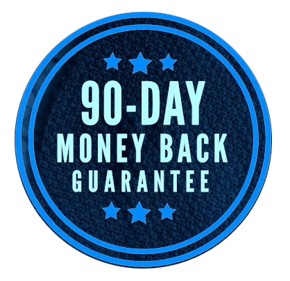 Blue badge with '90-Day Money Back Guarantee' text and stars.