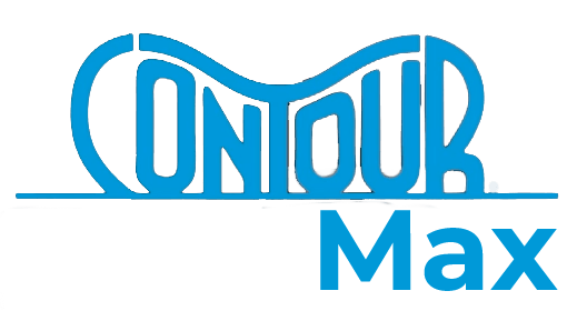 Logo with the text 'Contour BackMax' in blue and white.