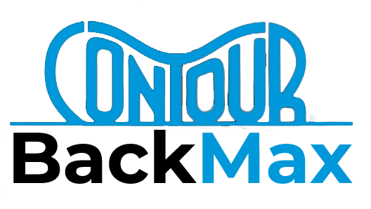 Logo with the text 'Contour BackMax' in blue and black.