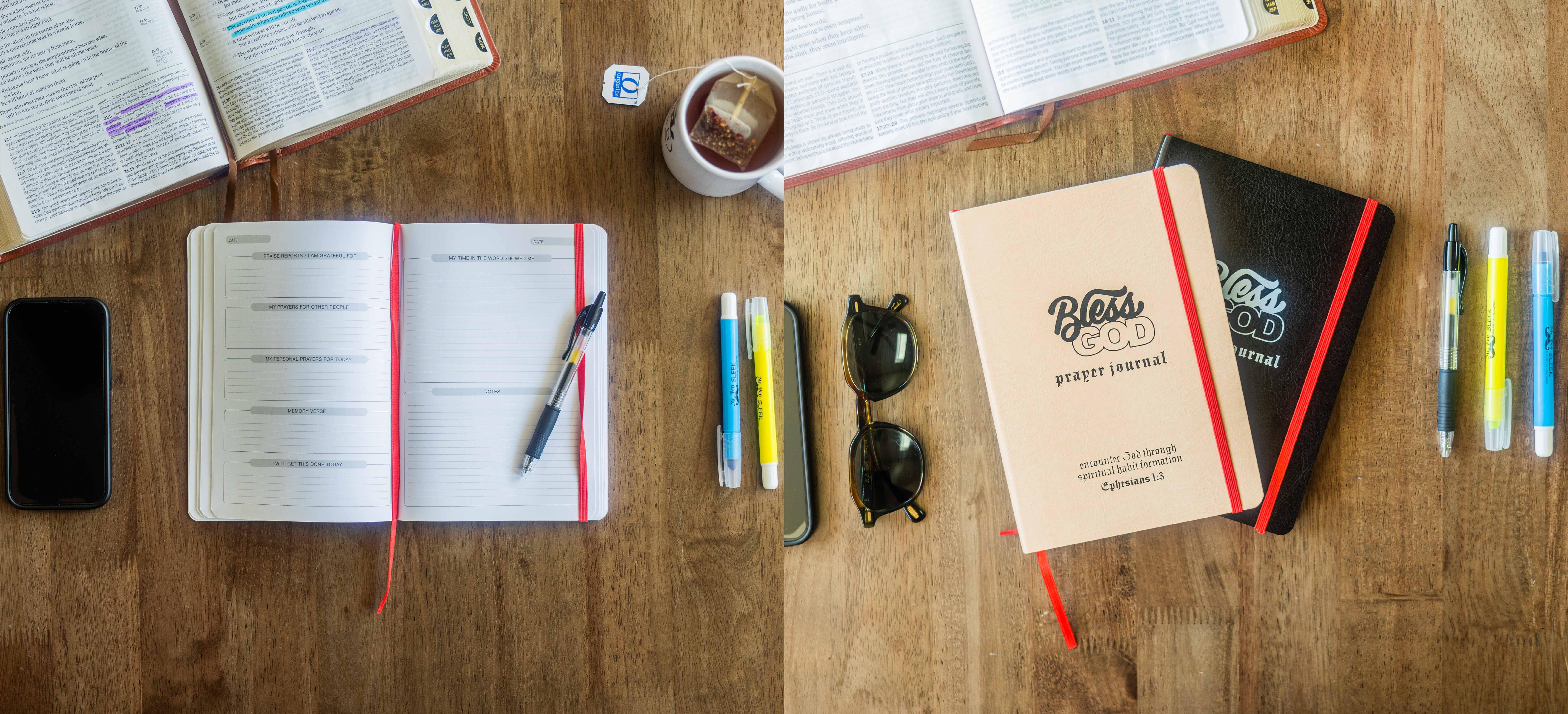 Open journals, books, pens, and highlighters on a wooden table.