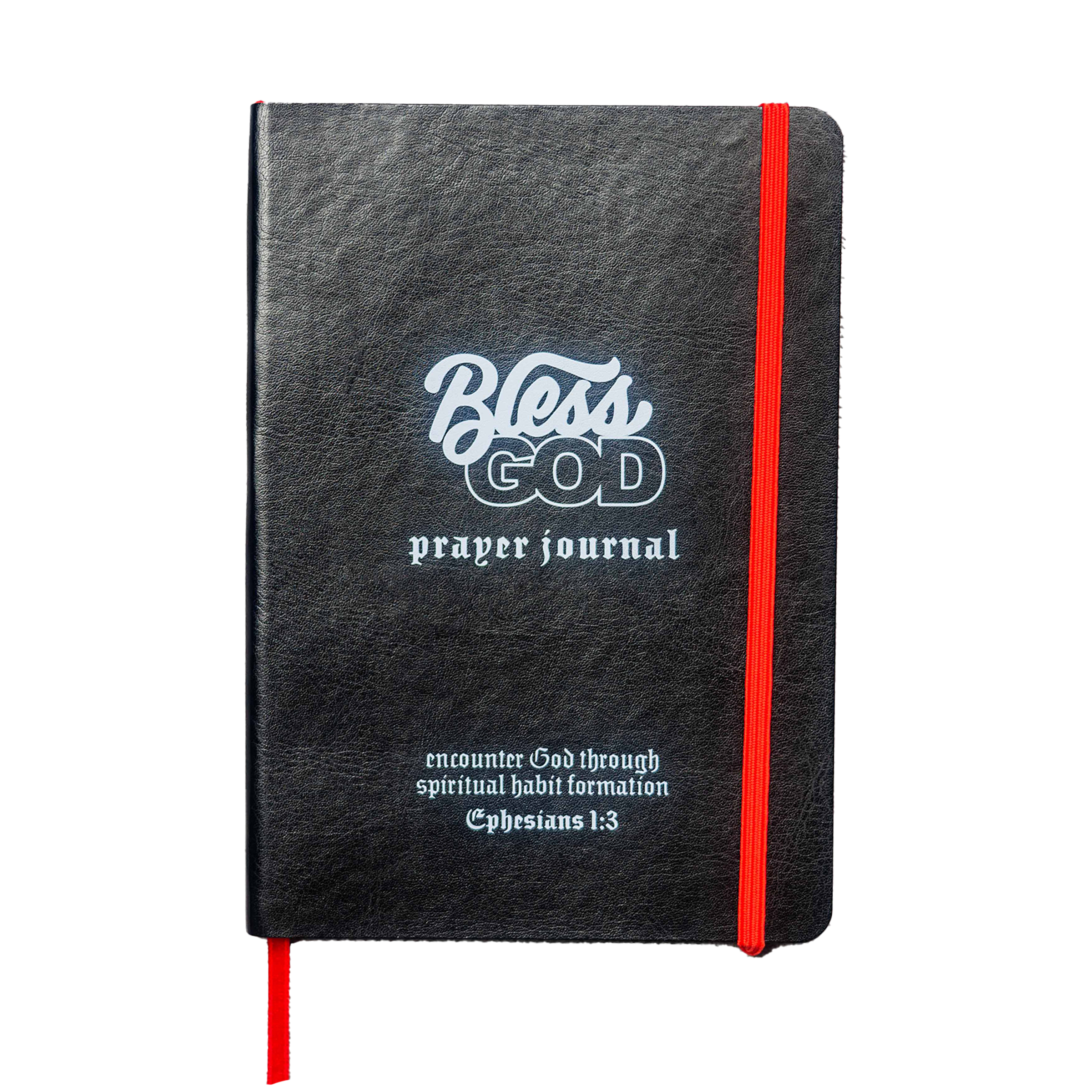 Black prayer journal with 'Bless God' text and red elastic band.