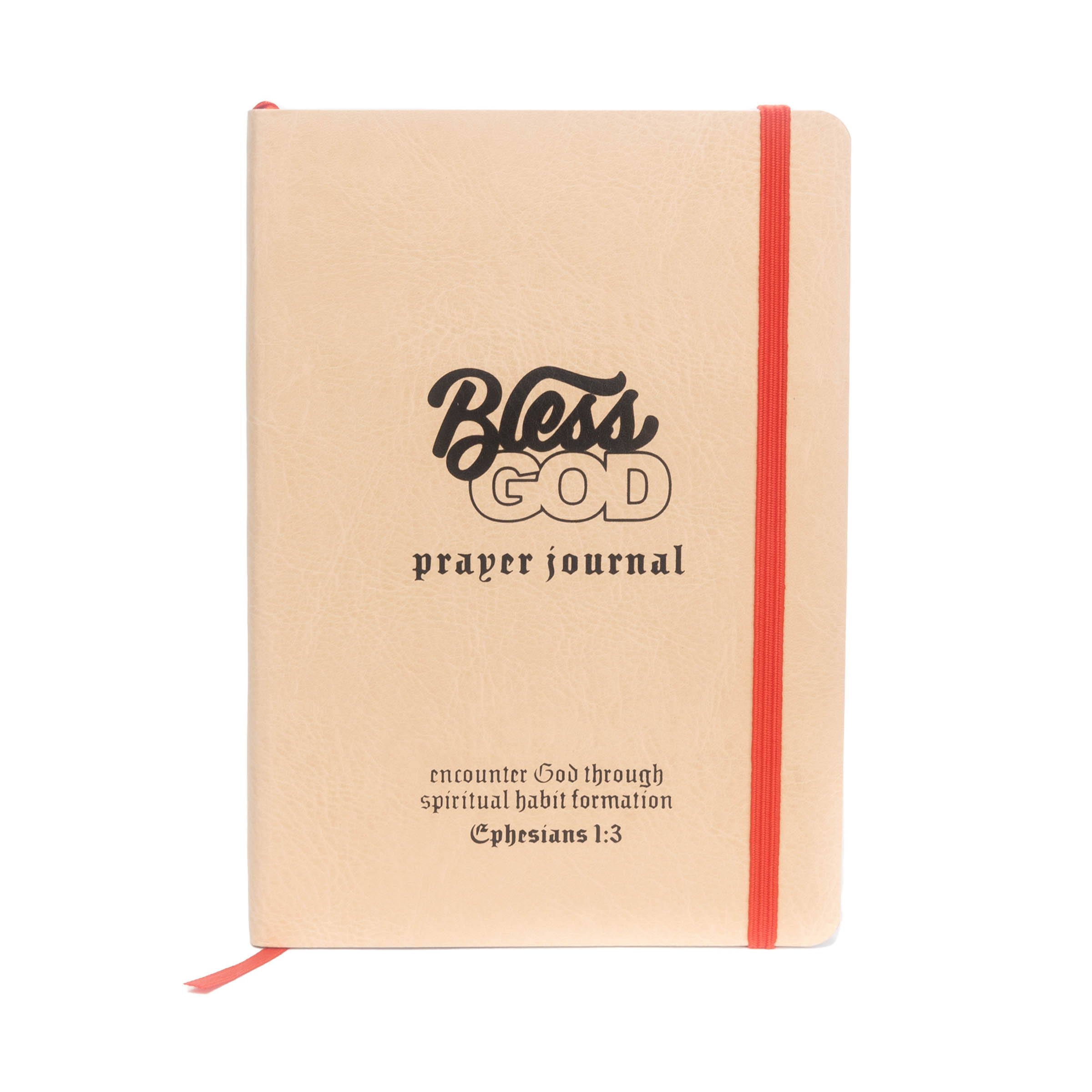Tan prayer journal with 'Bless God' text and a red elastic band.