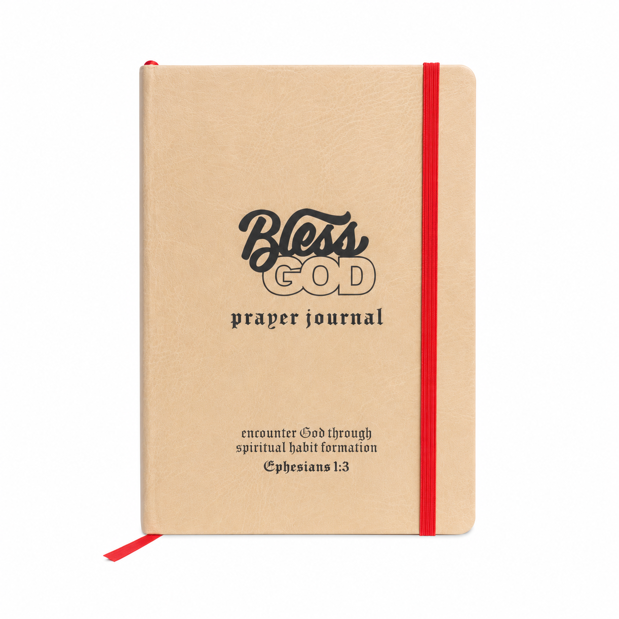A tan prayer journal with 'Bless GOD' on the cover, a red elastic band, and a red ribbon.