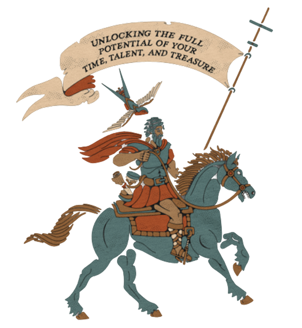 Warrior on horseback with a banner reading 'Unlocking the full potential of your time, talent, and treasure.'