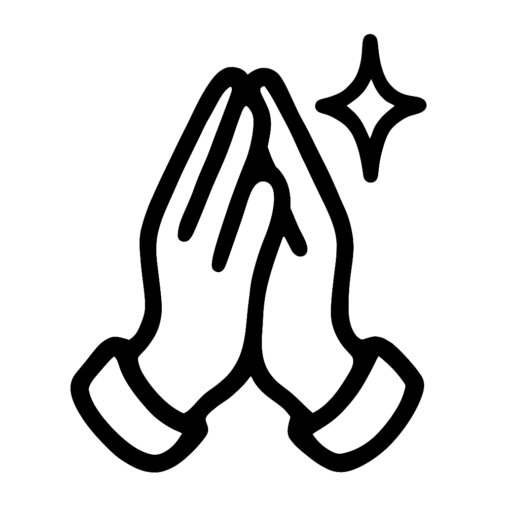 Simple line drawing of praying hands with a sparkle icon.