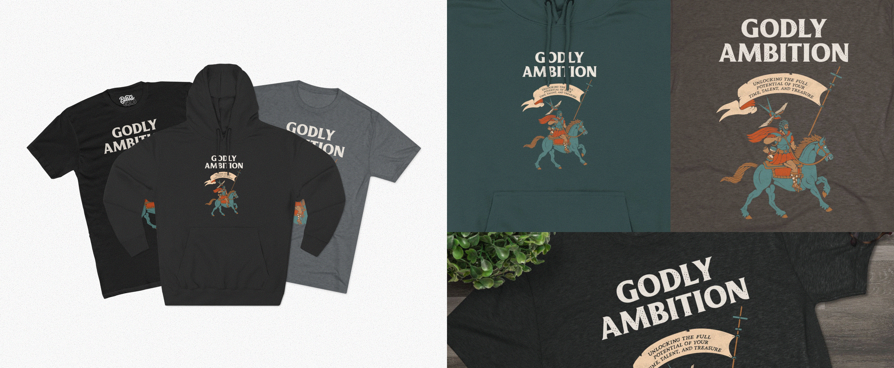 Collection of shirts and hoodie with 'Godly Ambition' and knight graphic.