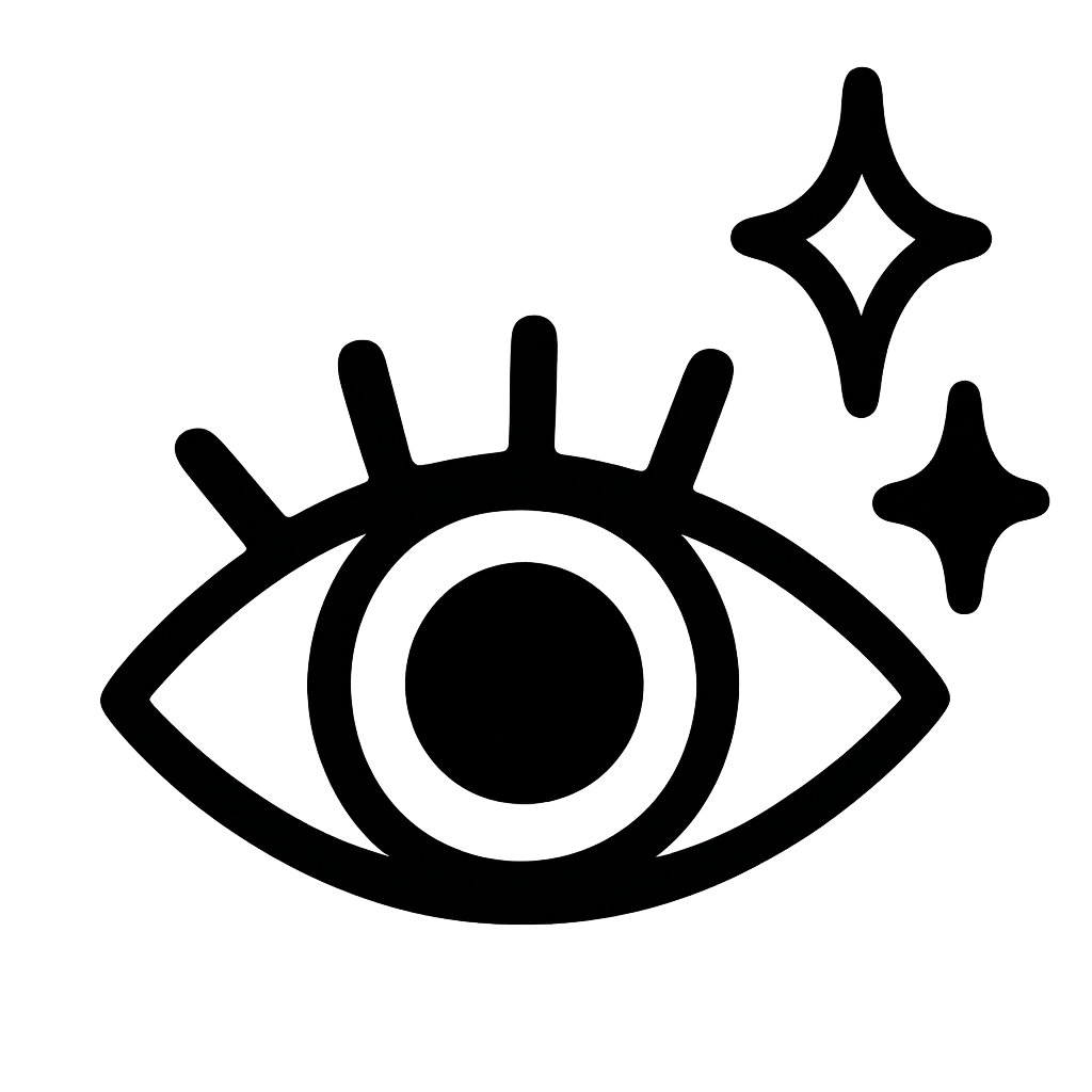 Black and white eye icon with stars on a dark background.