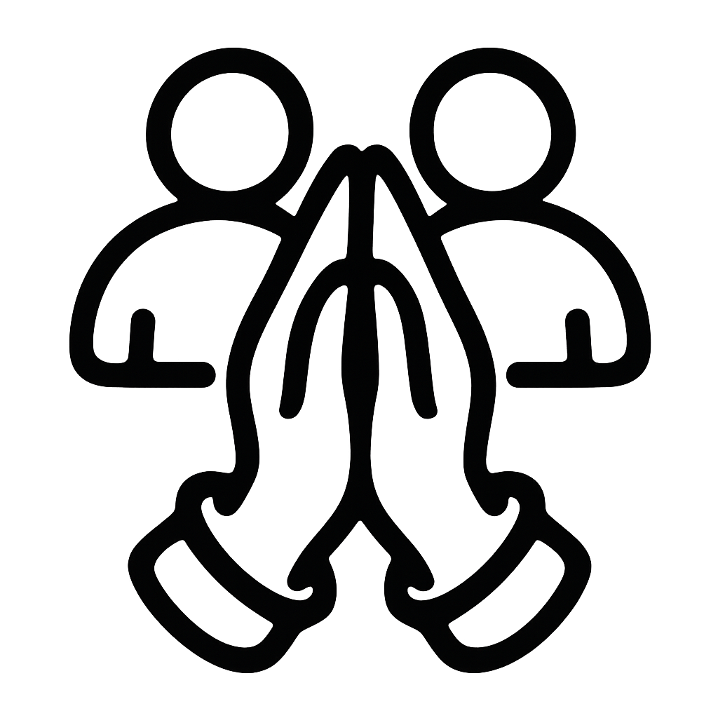 Silhouette of two figures with praying hands in front.