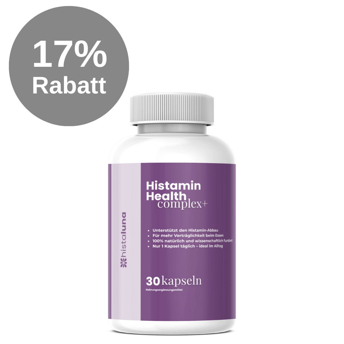 Purple and white supplement bottle labeled 'Histamin Health complex+'. '17% Rabatt' text on the left.
