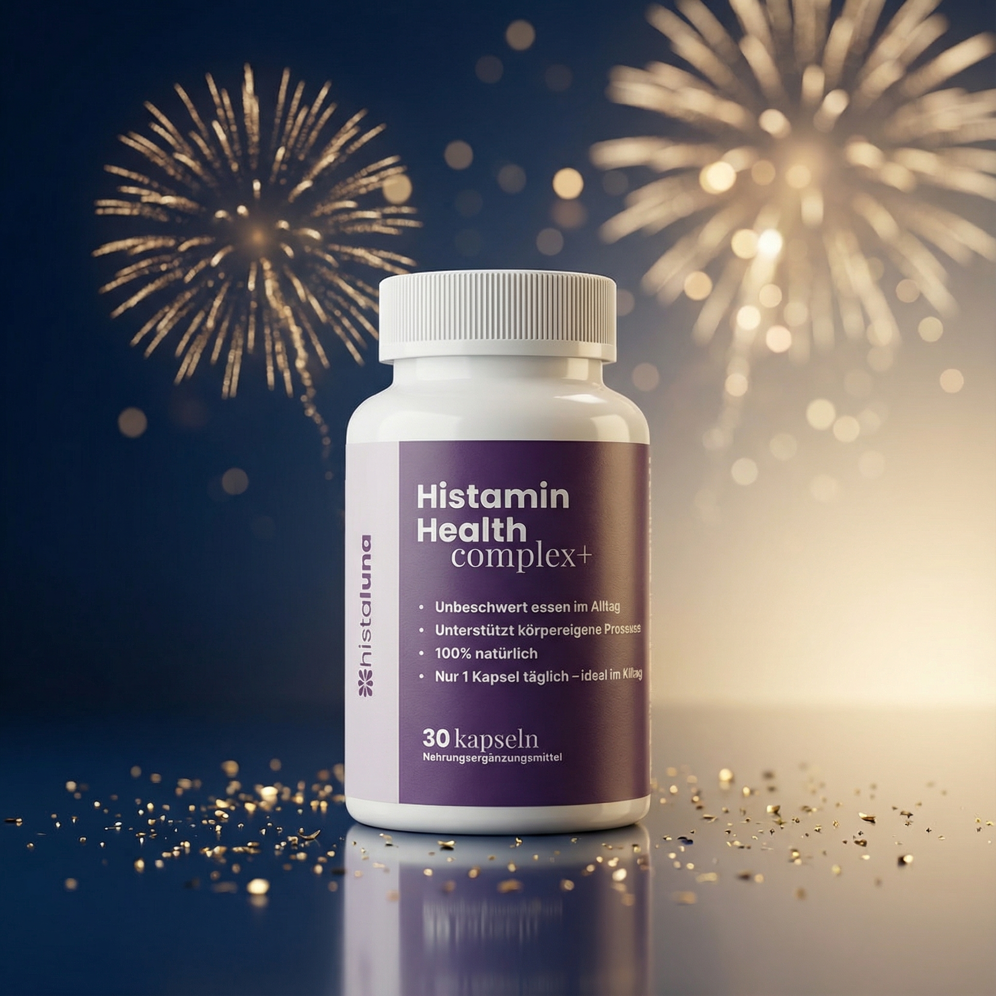 Bottle of Histamin Health complex+ with fireworks in the background.