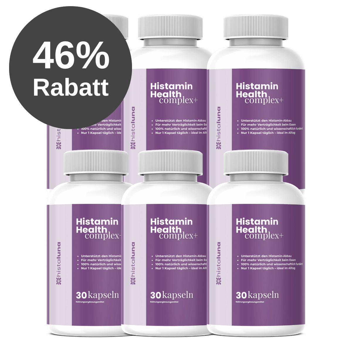 Six bottles of Histamin Health complex supplements with discount text.