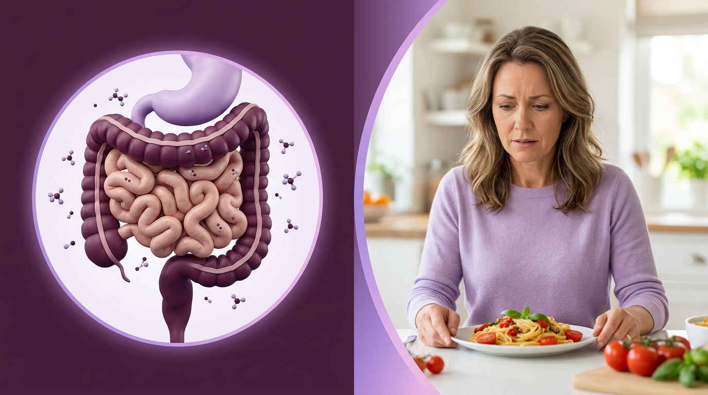 A split image showing an illustration of the intestines and a woman looking unhappily at a plate of pasta.