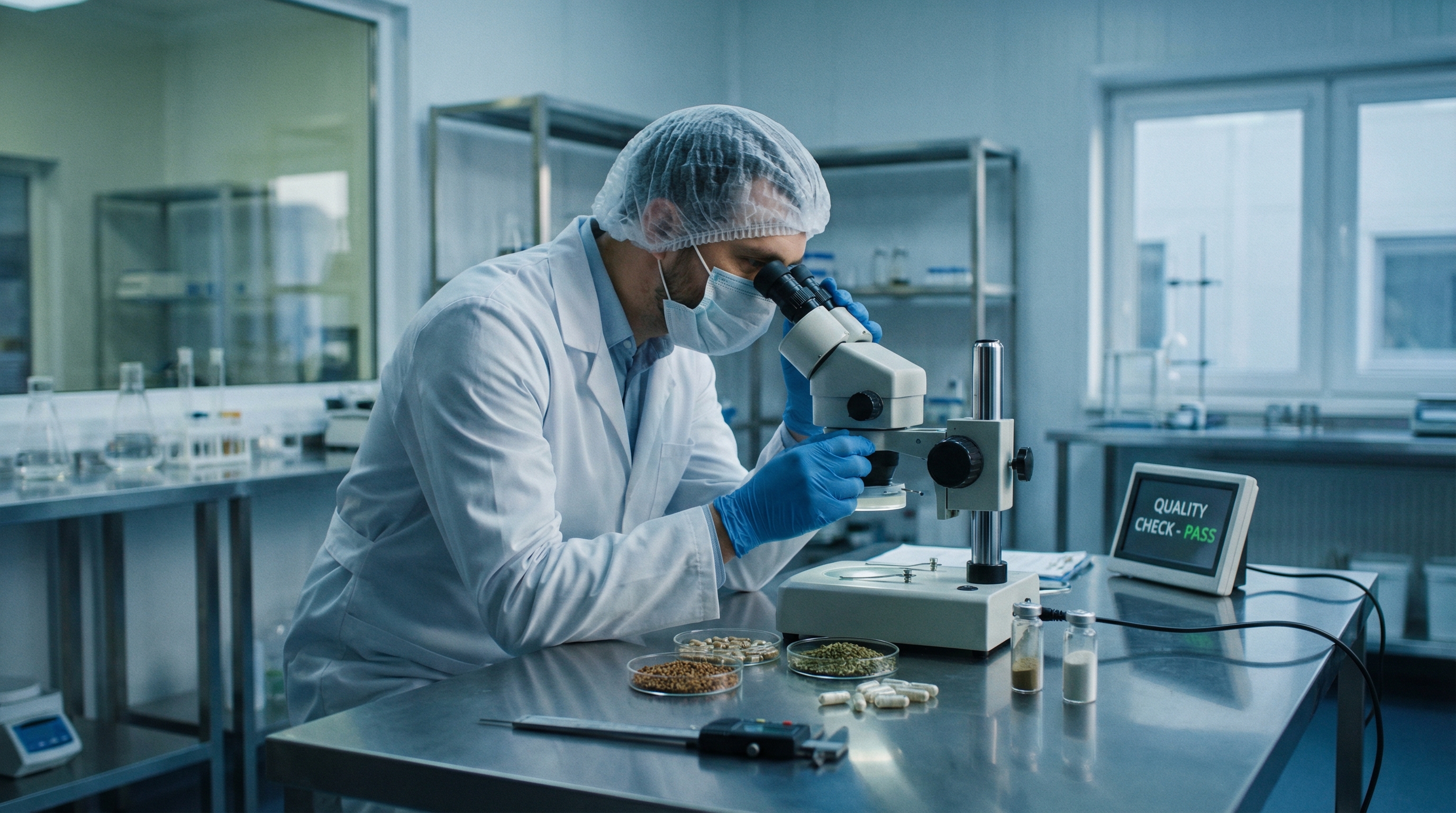 Scientist in laboratory attire examining samples with a microscope.