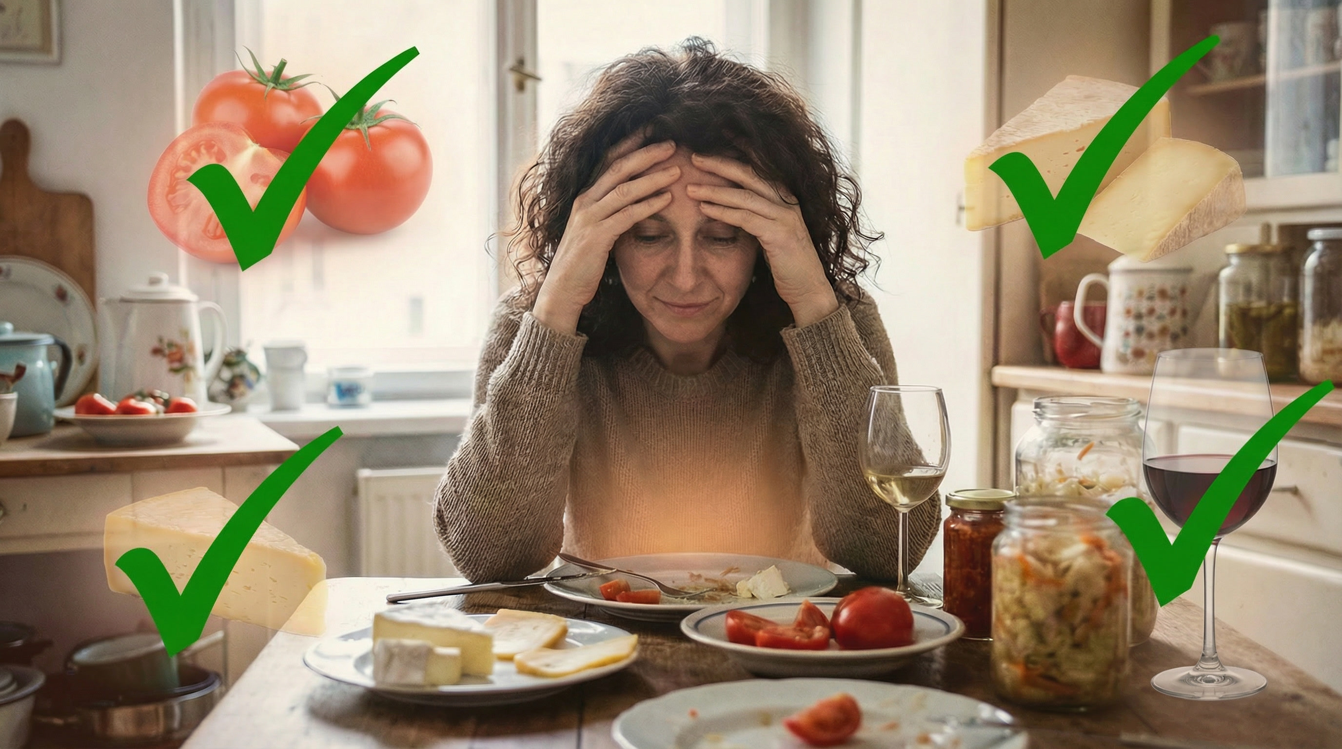 Woman sitting at table with tomatoes, cheese, and wine, some items checked with green check marks.