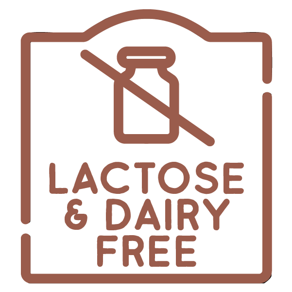 Icon with a crossed-out milk bottle and text 'Lactose & Dairy Free'.