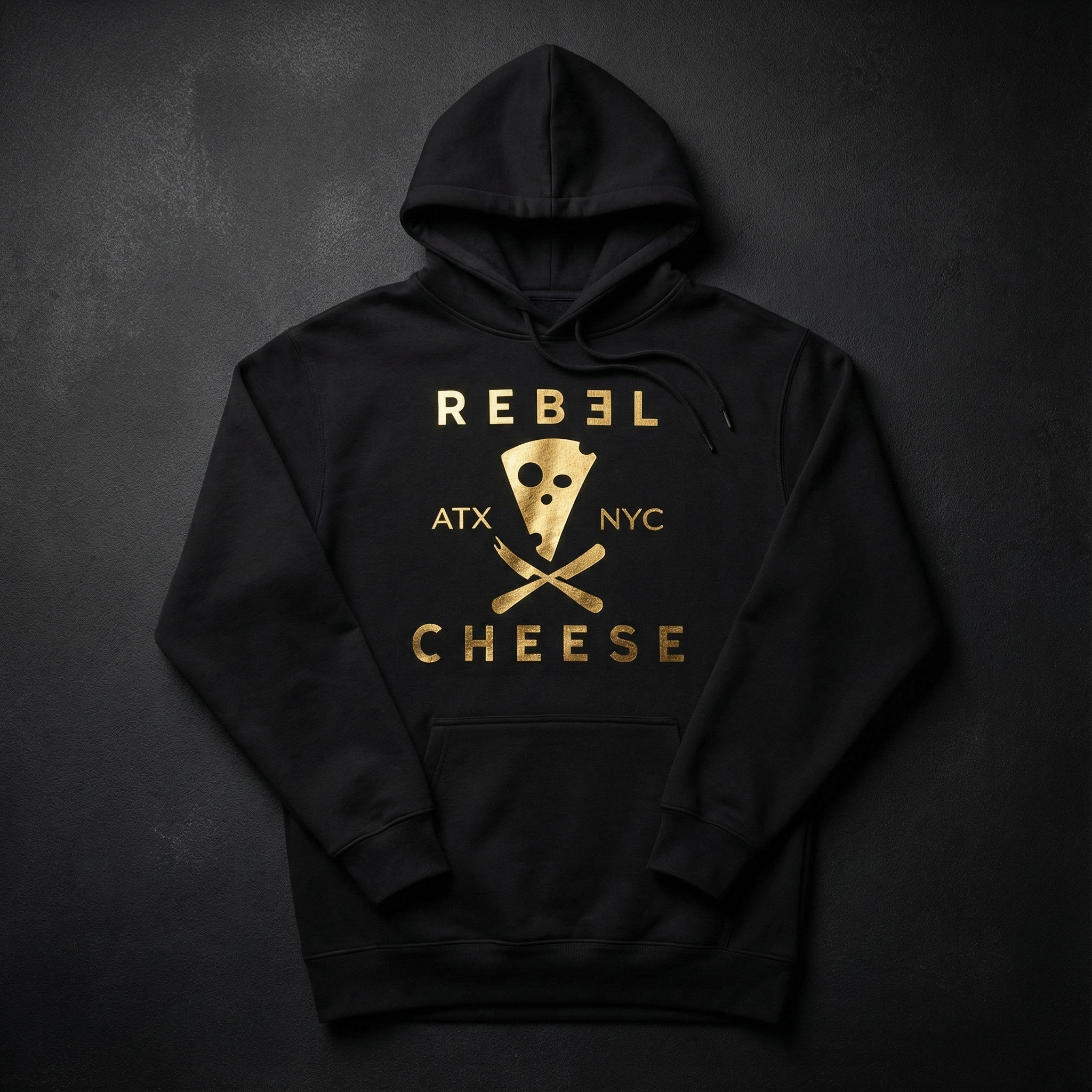 black hoodie with gold-colored Rebel Cheese logo 
