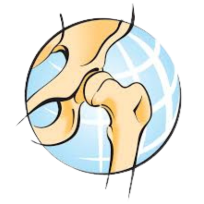 Illustration of a hip joint with a globe in the background.