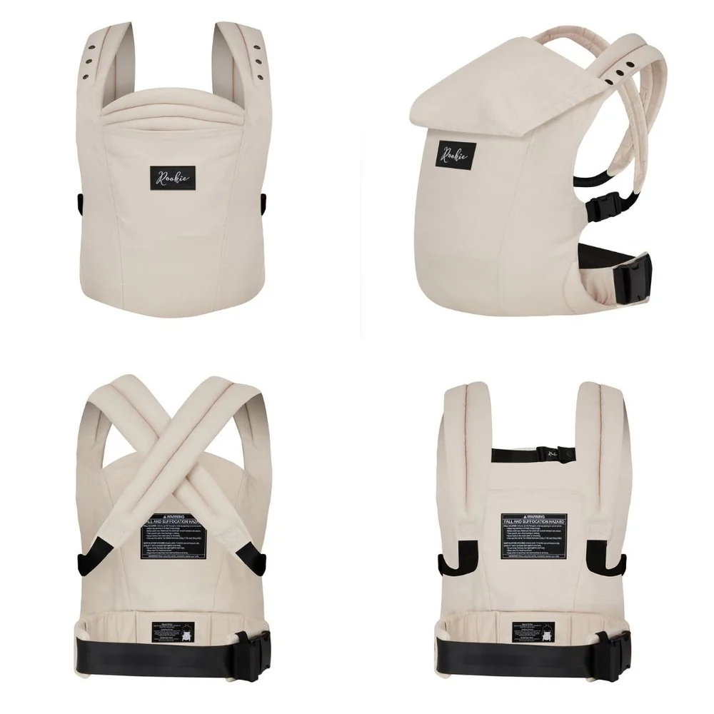 Four views of a beige baby carrier with adjustable straps.